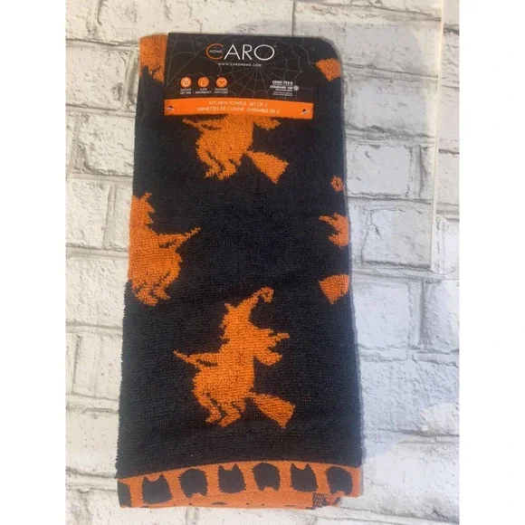 CARO Home Halloween Kitchen Towels Set of 3 Black Orange Witches NWT - Picture 3 of 4